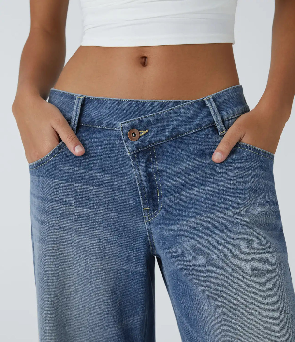 Halara Flex™ Asymmetric Low Rise Zipper Pockets Baggy Wide Leg Washed Casual Jeans