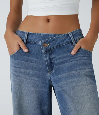 Halara Flex™ Asymmetric Low Rise Zipper Pockets Baggy Wide Leg Washed Casual Jeans