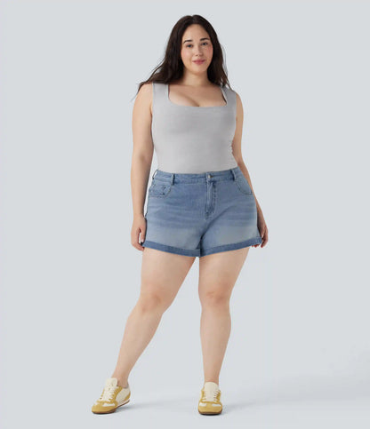 Halara Flex™ Mid Rise Zipper Pockets Denim Casual Plus Size Shorts 3''