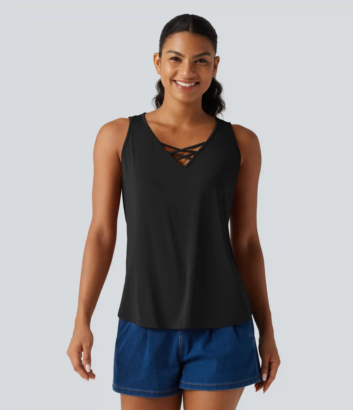 V Neck Crossover Curved Hem Casual Tank Top