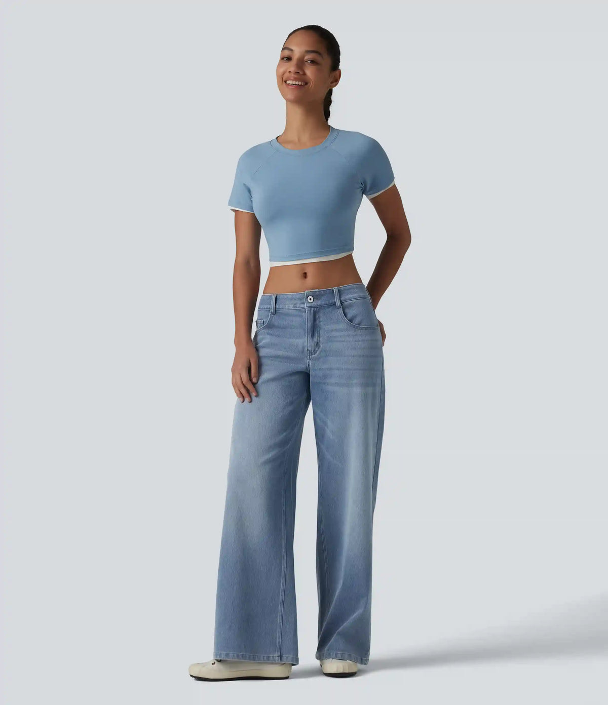 Halara Flex™ Low Rise Zipper Pockets Washed Baggy Wide Leg Casual Jeans