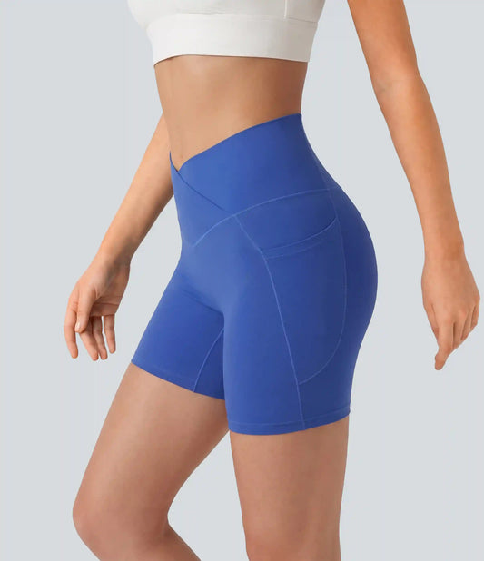 SoftlyZero™ High Waisted Crossover Yoga Biker Shorts 5'' with Pockets