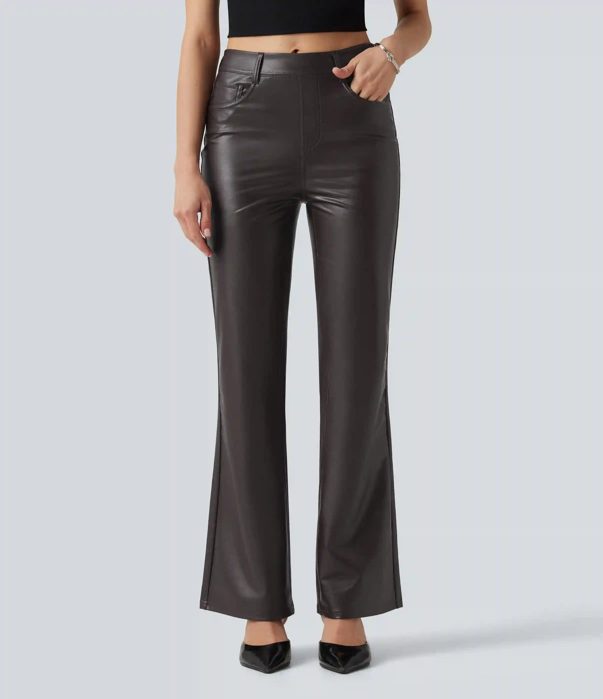 Mid Rise Stretchy PU Bootcut Casual Pants with Pockets