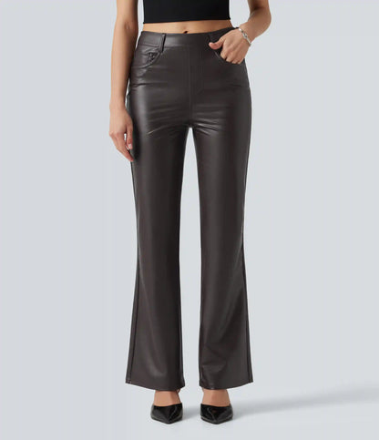 Mid Rise Stretchy PU Bootcut Casual Pants with Pockets