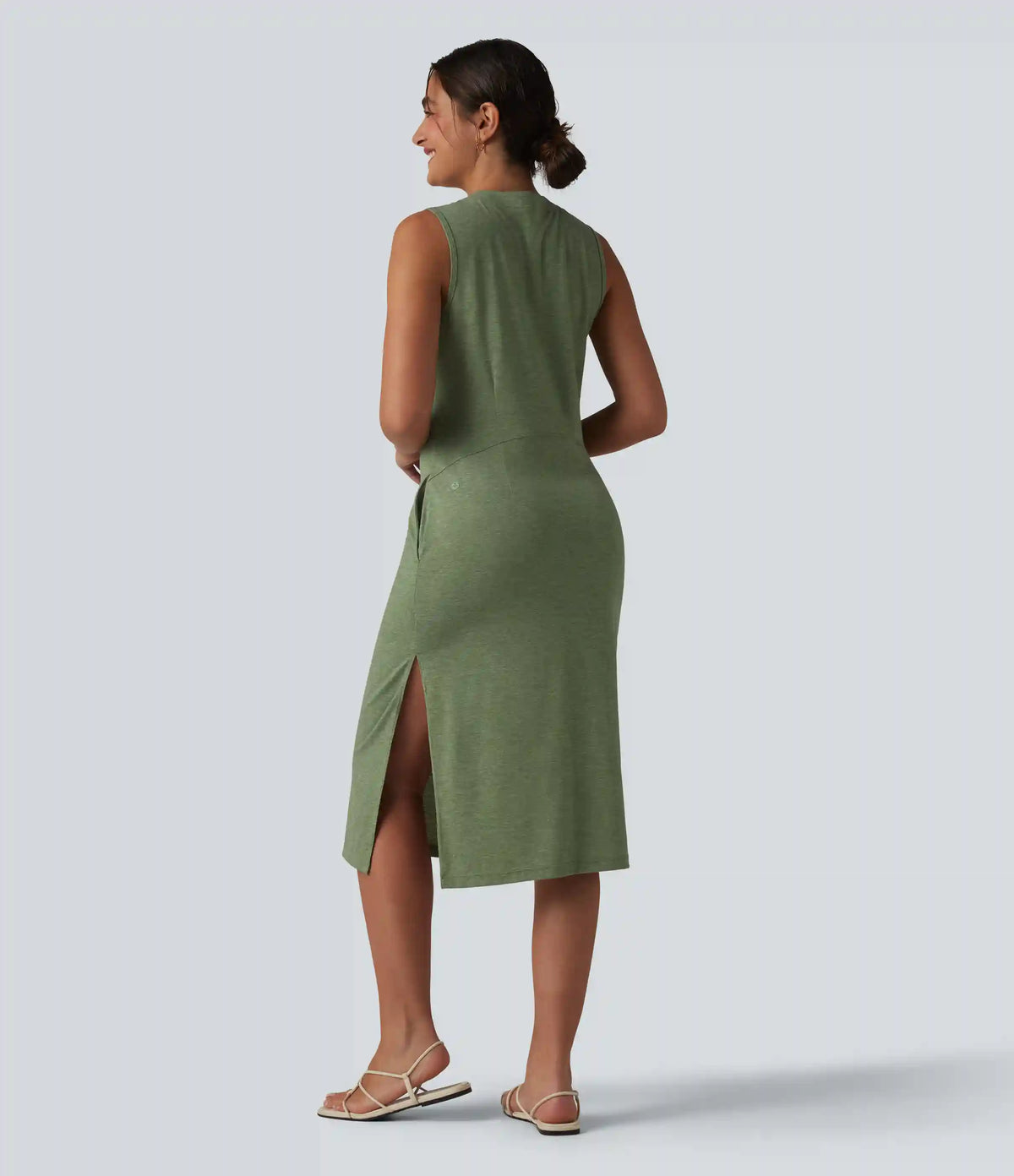 Henley Neck Sleeveless Midi Casual Dress with Pockets