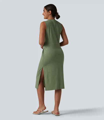 Henley Neck Sleeveless Midi Casual Dress with Pockets