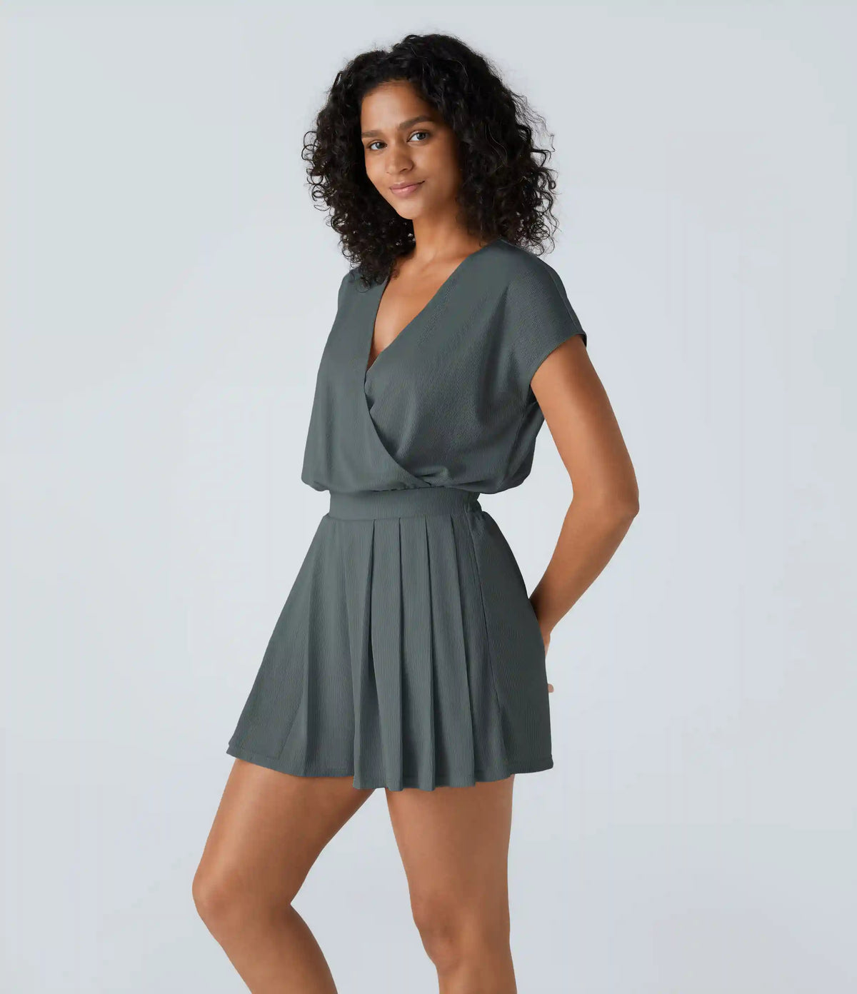 V Neck Short Sleeve Pocket Waffle Casual Romper