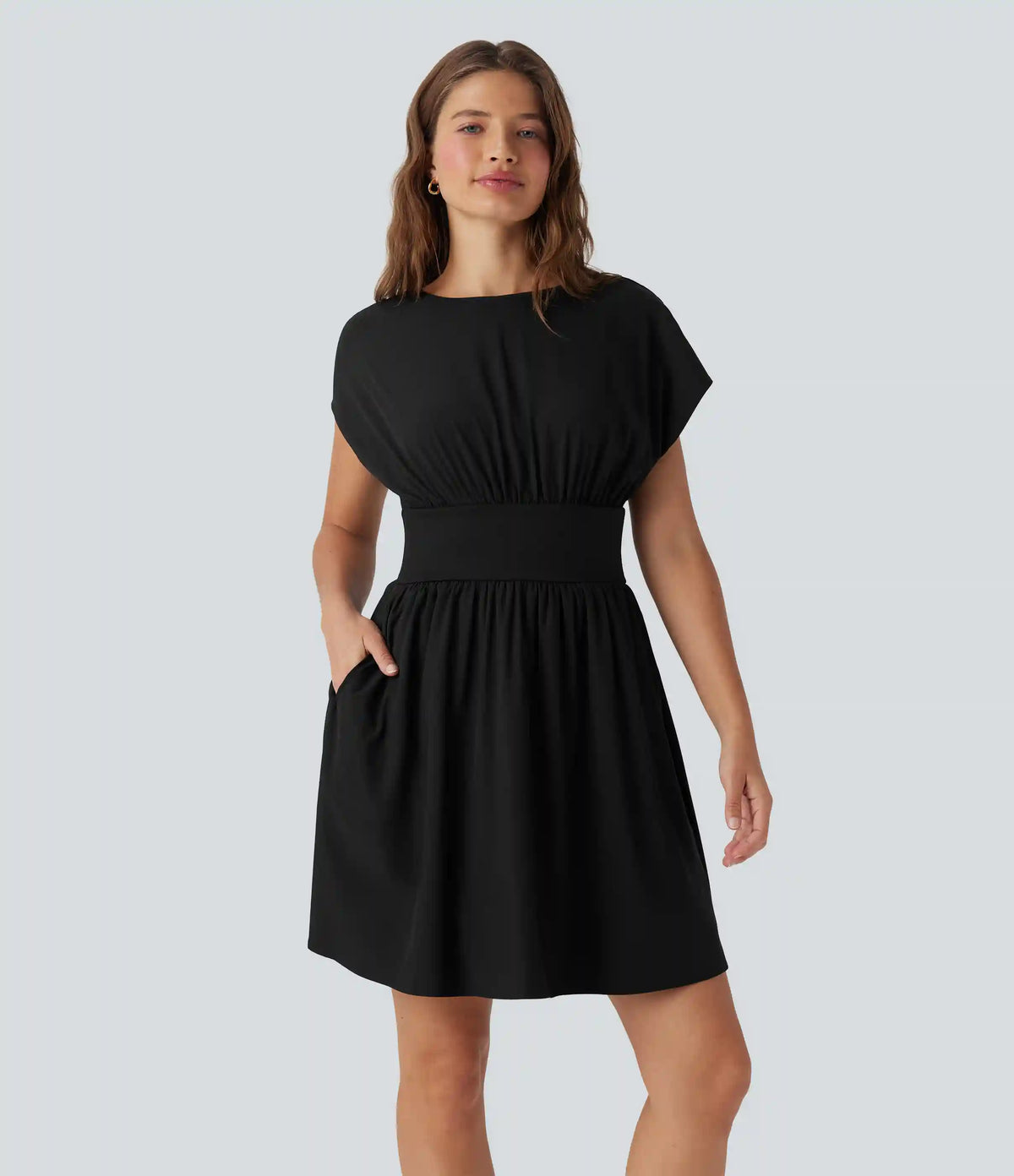 Breezeful™ Batwing Short Sleeve Flowy Quick Dry Mini Work Dress with Pockets