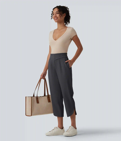 Halara Flex™ High Waisted Curved Hem Herringbone Work Cropped Tapered Pants with Pockets