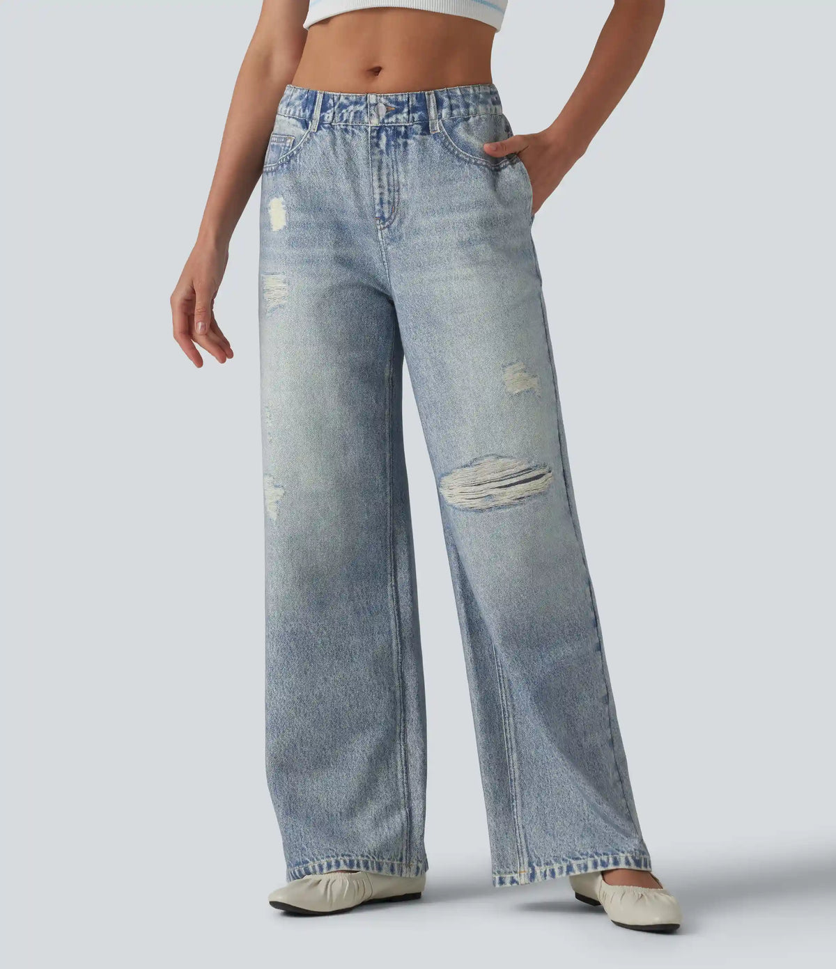 Mid Rise Denim Print French Terry Casual Sweatpants Jeans with Pockets