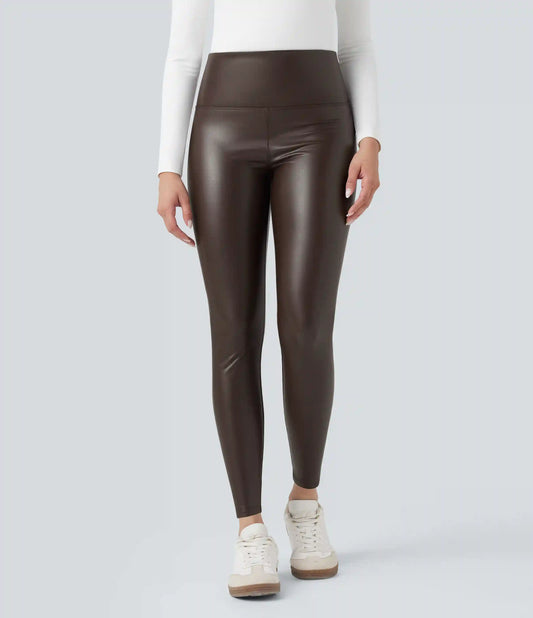 High Waisted Tummy Control Stretchy PU Fleece 7/8 Skinny Casual Leggings with Pockets