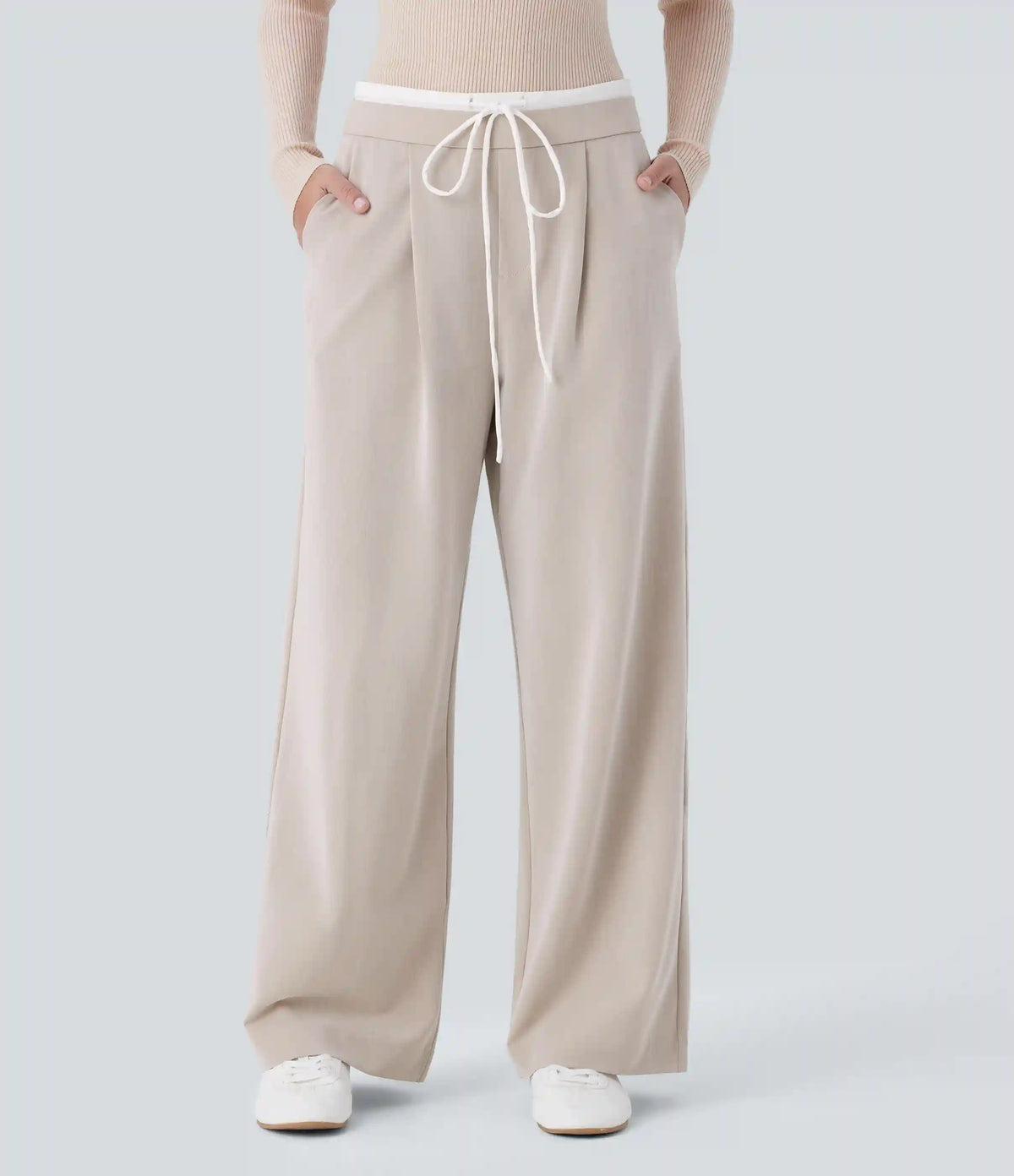 Double-Layer Color Block Low Rise Drawstring Pocket Wide Leg Casual Pants