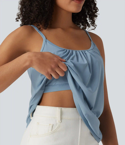 Adjustable Straps Ruched 2-in-1 Built-in Bra Casual Cami Top