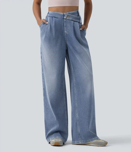 Halara Flex™ Asymmetric High Waisted Wide Leg Washed Casual Jeans with Pockets