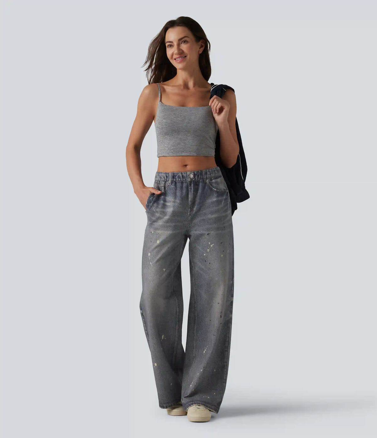 Mid Rise Denim Print French Terry Casual Sweatpants Jeans with Pockets