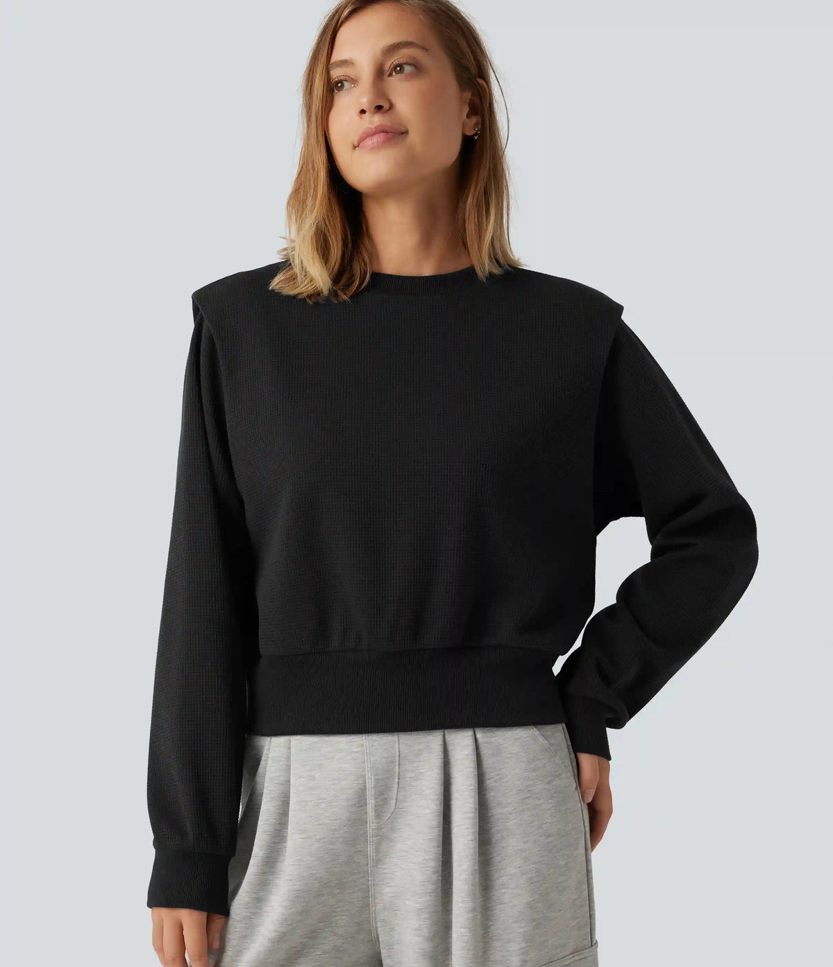 Round Neck Long Sleeve Waffle Casual Sweatshirt