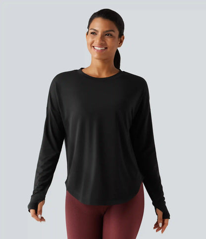 Round Neck Long Sleeve Thumb Hole Built-in Bra Quick Dry Yoga Sports Top