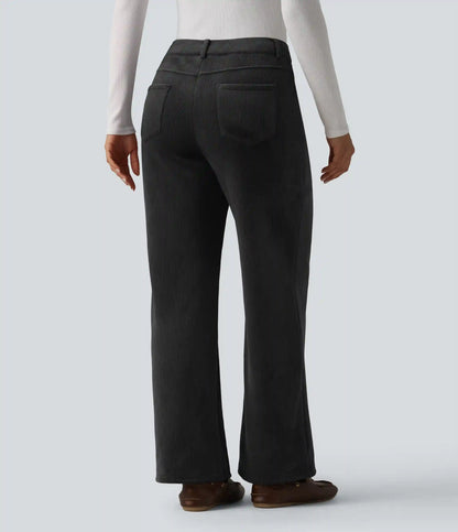 Mid Rise Fleece Corduroy Casual Straight Leg Pants with Pockets