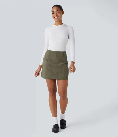 High Waisted 2-in-1 A Line Mini Corduroy Casual Skirt-Longer Length
