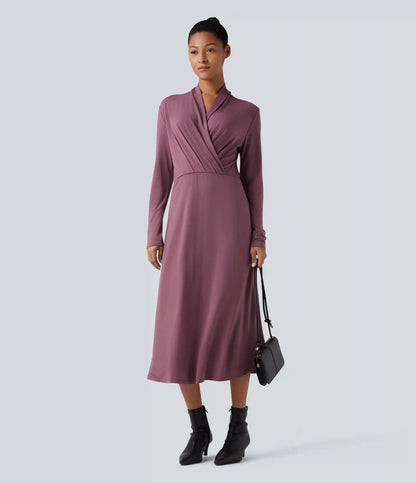 V-neck Long Sleeve Midi Work Dress with Pockets