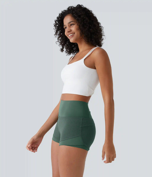 High Waisted Mesh Back Waistband Pocket 2-in-1 Casual Shorts 2"