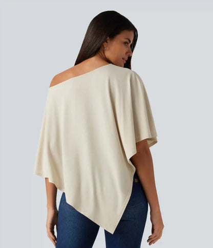 One Shoulder Half Sleeve Batwing Asymmetric Hem Oversized Casual Top