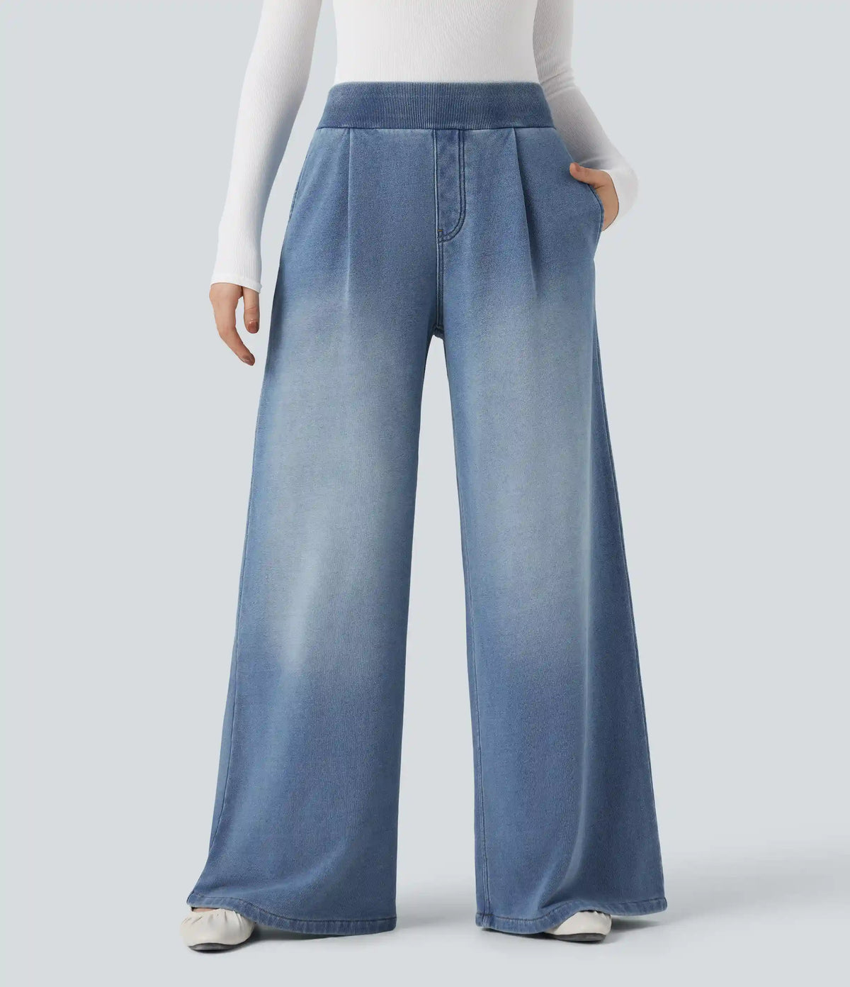 Halara Flex™ Mid Rise Wide Leg Flare French Terry Casual Sweatpants Jeans with Pockets