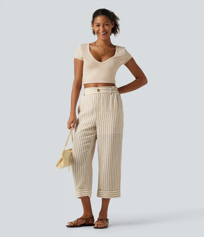 High Waisted 2-in-1 Straight Leg Stripe Cropped Casual Linen-Feel Pants with Pockets