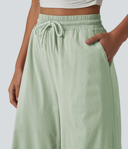 High Waisted Drawstring Wide Leg Baggy Casual Stretch Linen Pants with Pockets