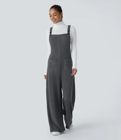 Ribbed Knit Pockets Casual Overalls