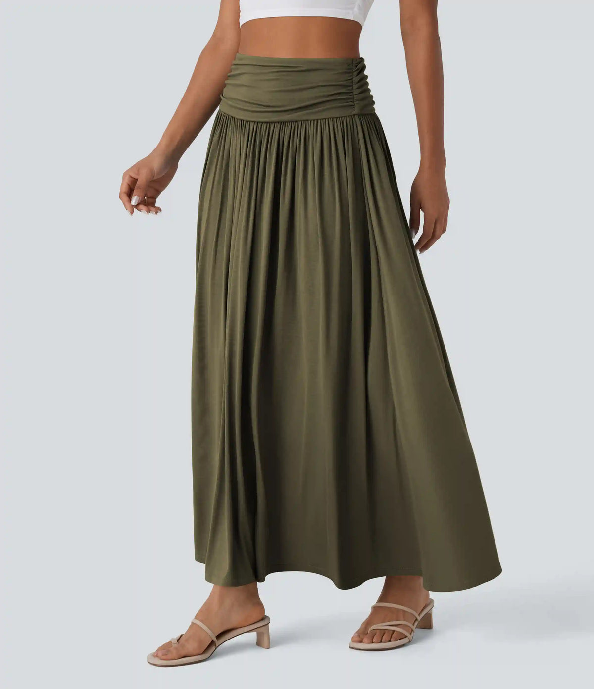 High Waisted Ruched Flowy Maxi Casual Skirt