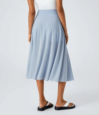 High Waisted Drawstring Contrast Mesh 2-in-1 Pocket Flowy Midi Flare Casual Skirt