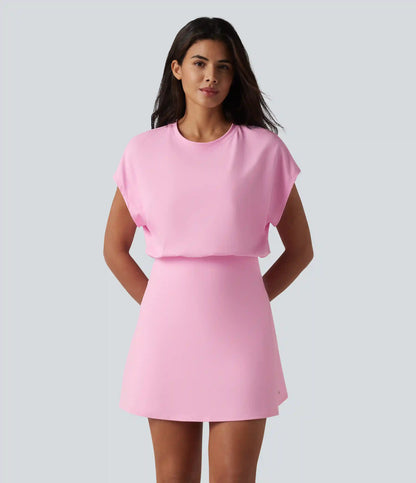 SoftlyZero™ Airy Round Neck Short Sleeve 2-in-1 InstantCool Mini Yoga Active Dress with Pockets-Easy Peezy Edition