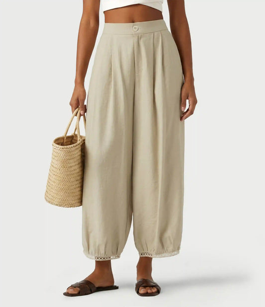 Mid Rise Ladder Trim 7/8 Length Casual Barrel Leg Pants with Pockets