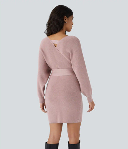 Crossover V Neck Batwing Long Sleeve Belted Mini Casual Sweater Dress