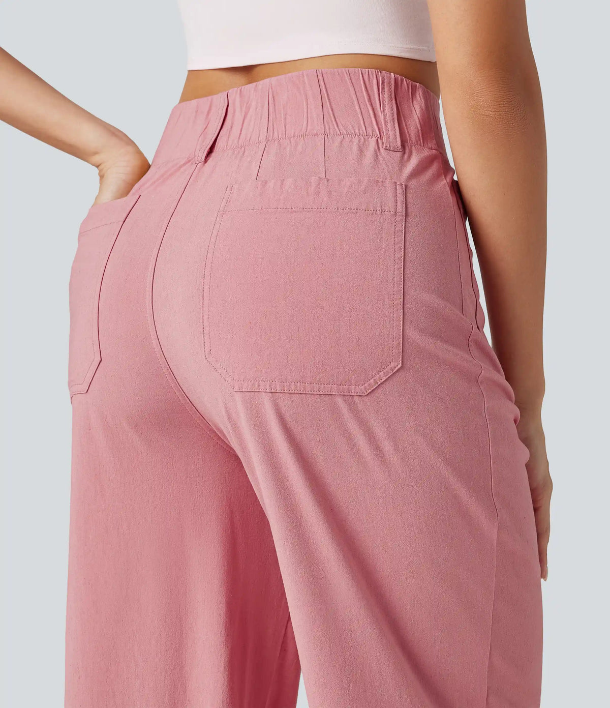 High Waisted Wide Leg Cropped Casual Stretch Linen Pants with Pockets