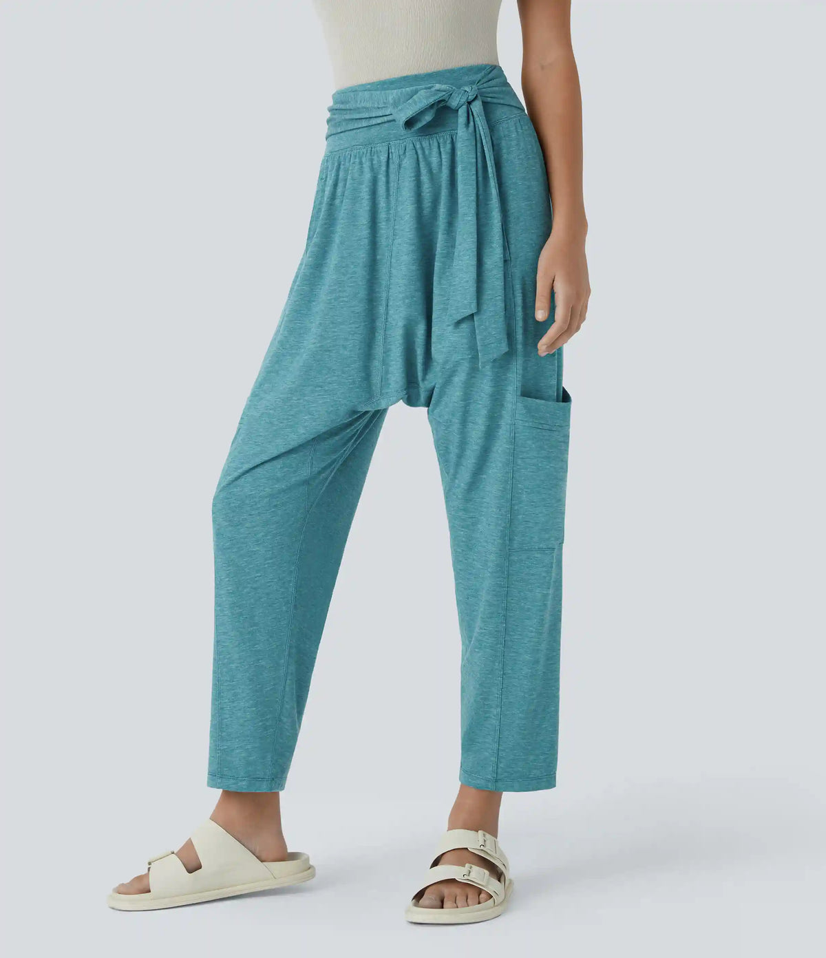 Mid Rise Tie Pockets Casual Harem Pants