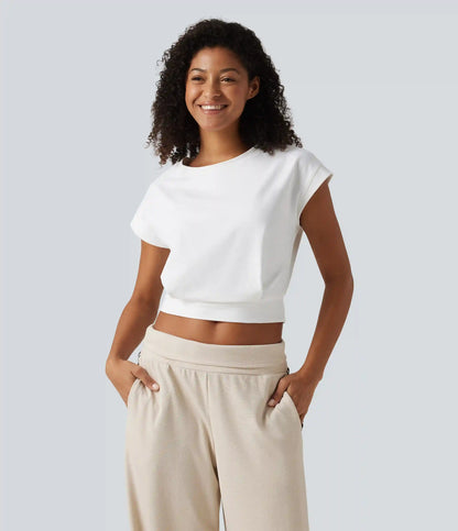 Round Neck Batwing Short Sleeve Cropped Yoga Sports Top