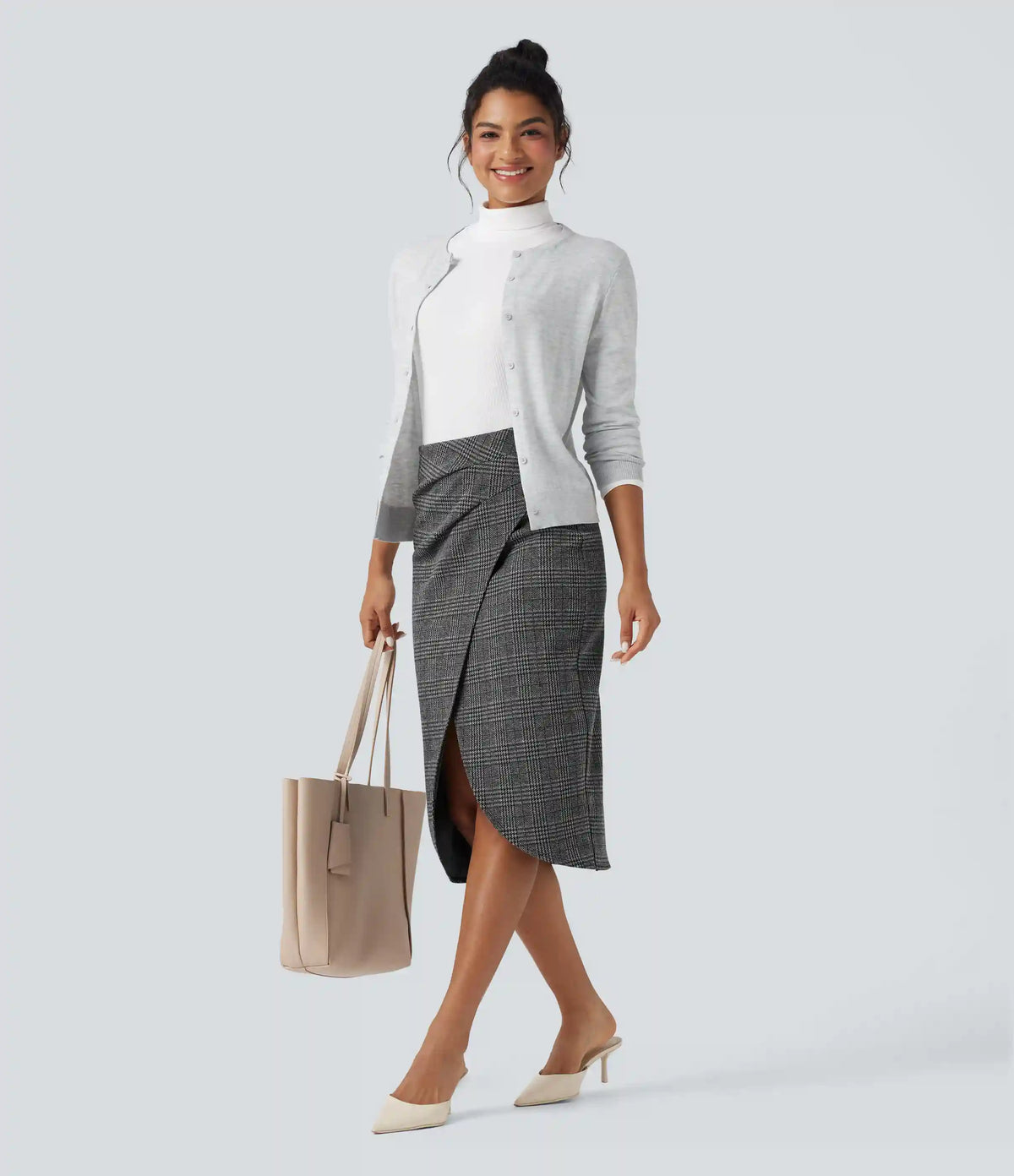 High Waisted 2-in-1 Tulip Hem Houndstooth Plaid Midi Work Skirt