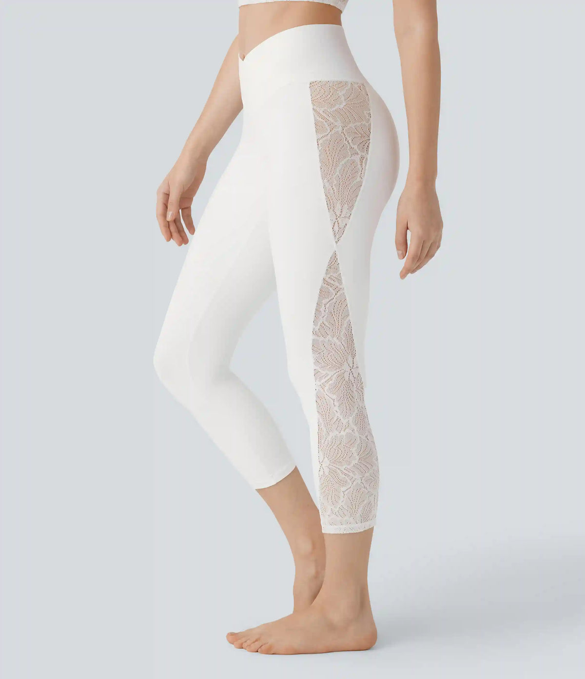 SoftlyZero™ High Waisted Crossover Contrast Lace Capri Yoga Leggings