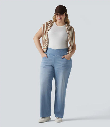 Halara Flex™ Crossover High Waisted Tummy Control Casual Straight Leg Plus Size Jeans with Pockets