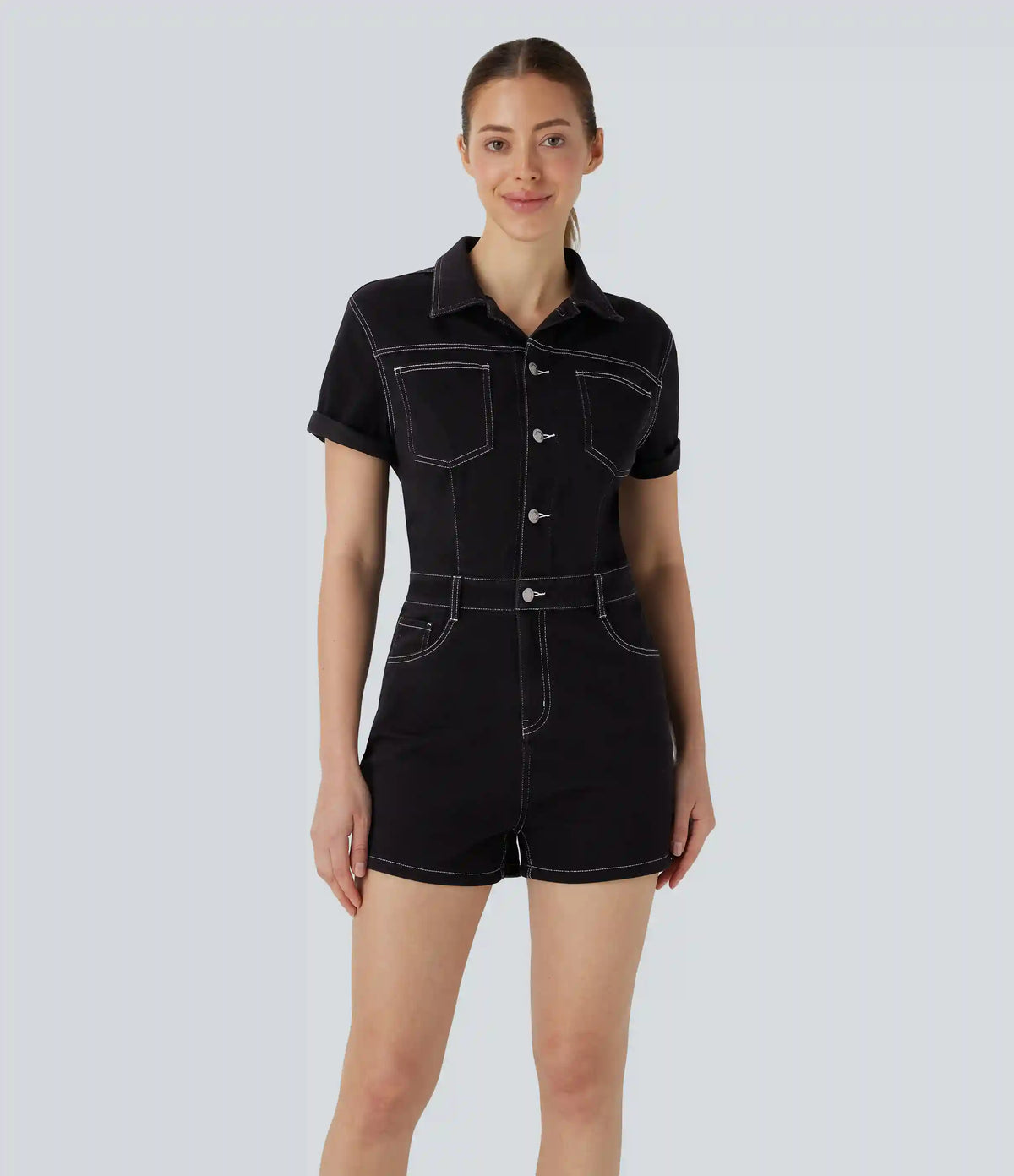 Halara Flex™ Short Sleeve Washed Denim Casual Utility Romper with Pockets
