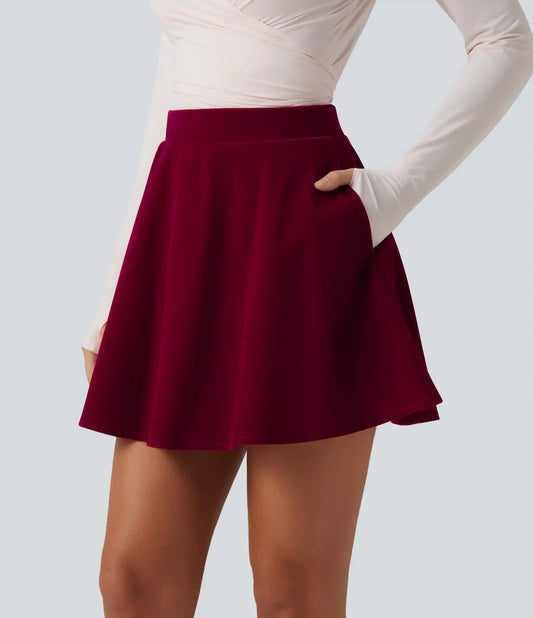 High Waisted A-Line Velvet Party Mini Skirt with Pockets
