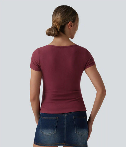 Ribbed Knit Boat Neck Short Sleeve Casual Top