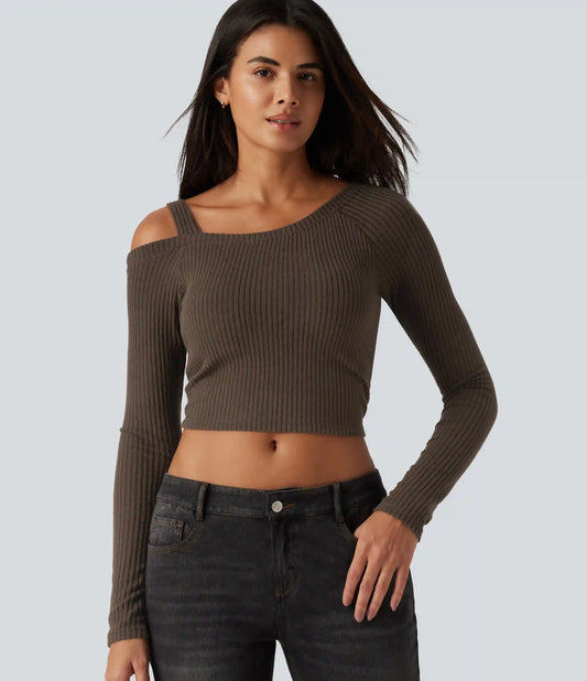 Ribbed Knit One Shoulder Built-in Bra Long Sleeve Cropped Casual Top