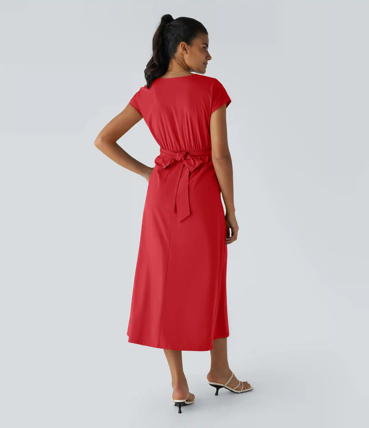 Breezeful™ V Neck Short Sleeve Pocket Tie Back Quick Dry Midi Casual Dress-Longer Length