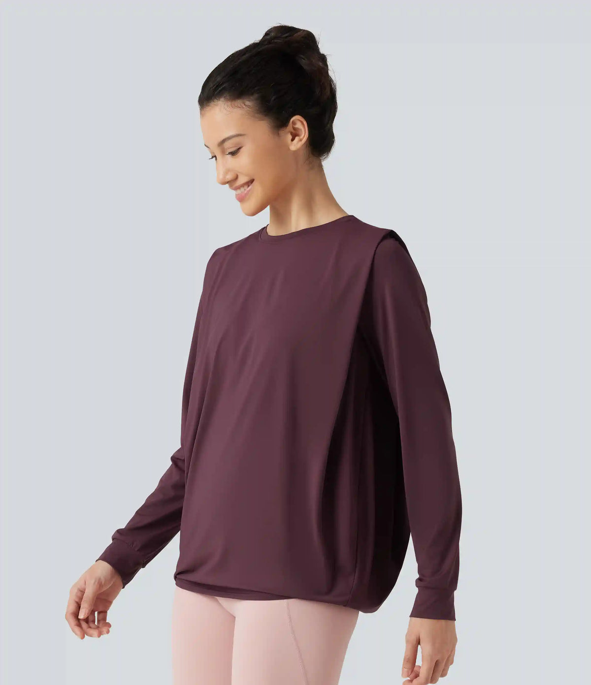 Round Neck Long Sleeve Ruched InstantCool Yoga Sports Top-Longer Length-UPF50+