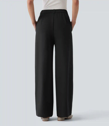 High Waisted Straight Leg Work Linen-Feel Pants with Pockets