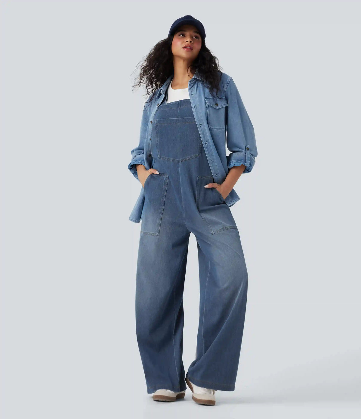 Halara Flex™ Square Neck Washed Denim Casual Overalls with Pockets