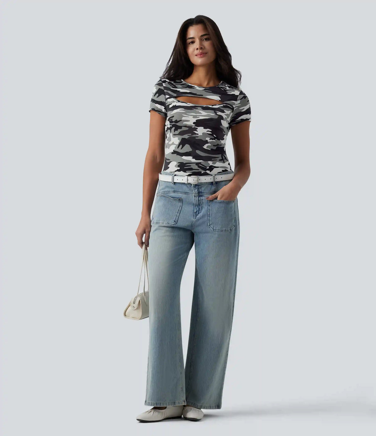 Round Neck Short Sleeve Cut Out Camo Casual T-Shirt